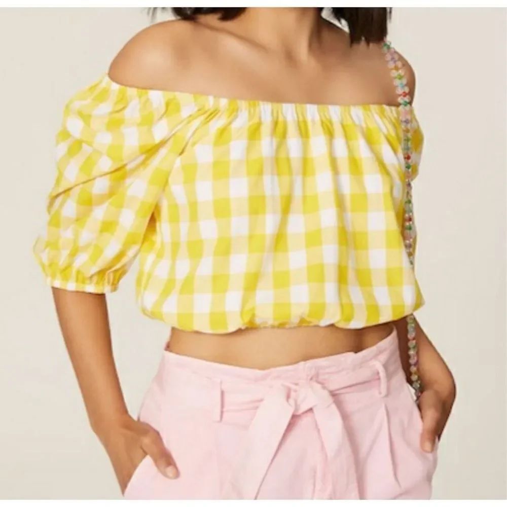 Color Me Courtney Kris Yellow Gingham Off Shoulder Puff Sleeve Crop Top Size Sma